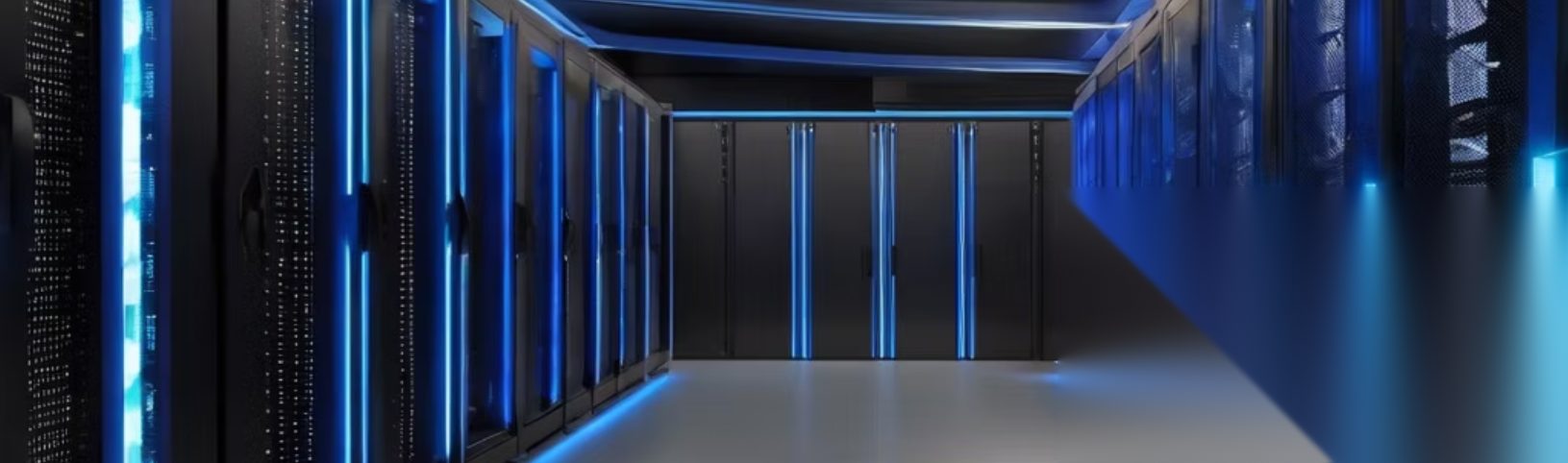 Blue-lit server room with rows of black server racks
